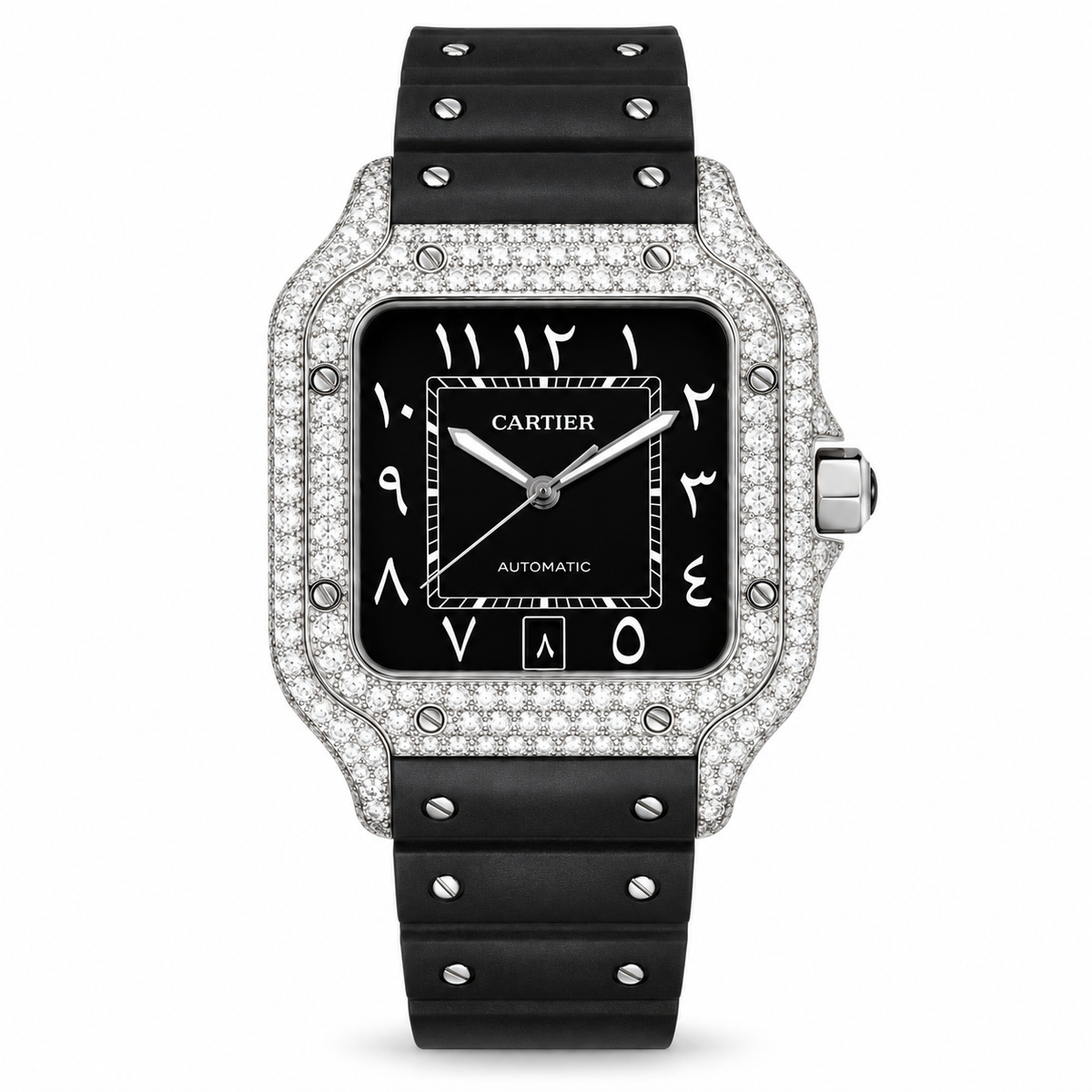 Cartier Santos Large — Steel, Full Diamond Bezel & Lugs, Black Dial, Arabic Calligraphy, Date & Black Rubber Strap, Automatic
