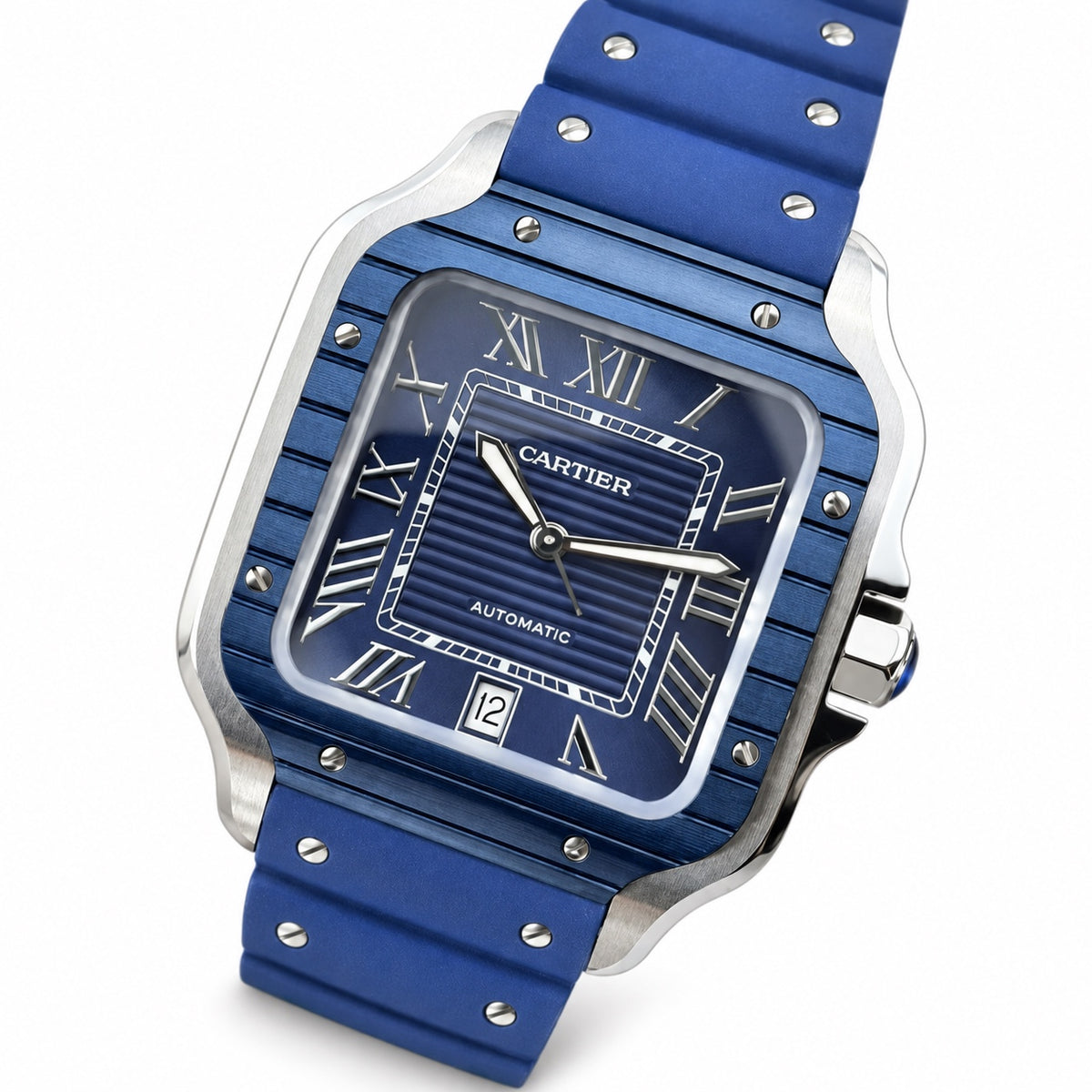 Cartier Santos Large — Steel & Blue ADLC, Blue Dial, Roman Numerals, Date & Blue Rubber Strap, Automatic