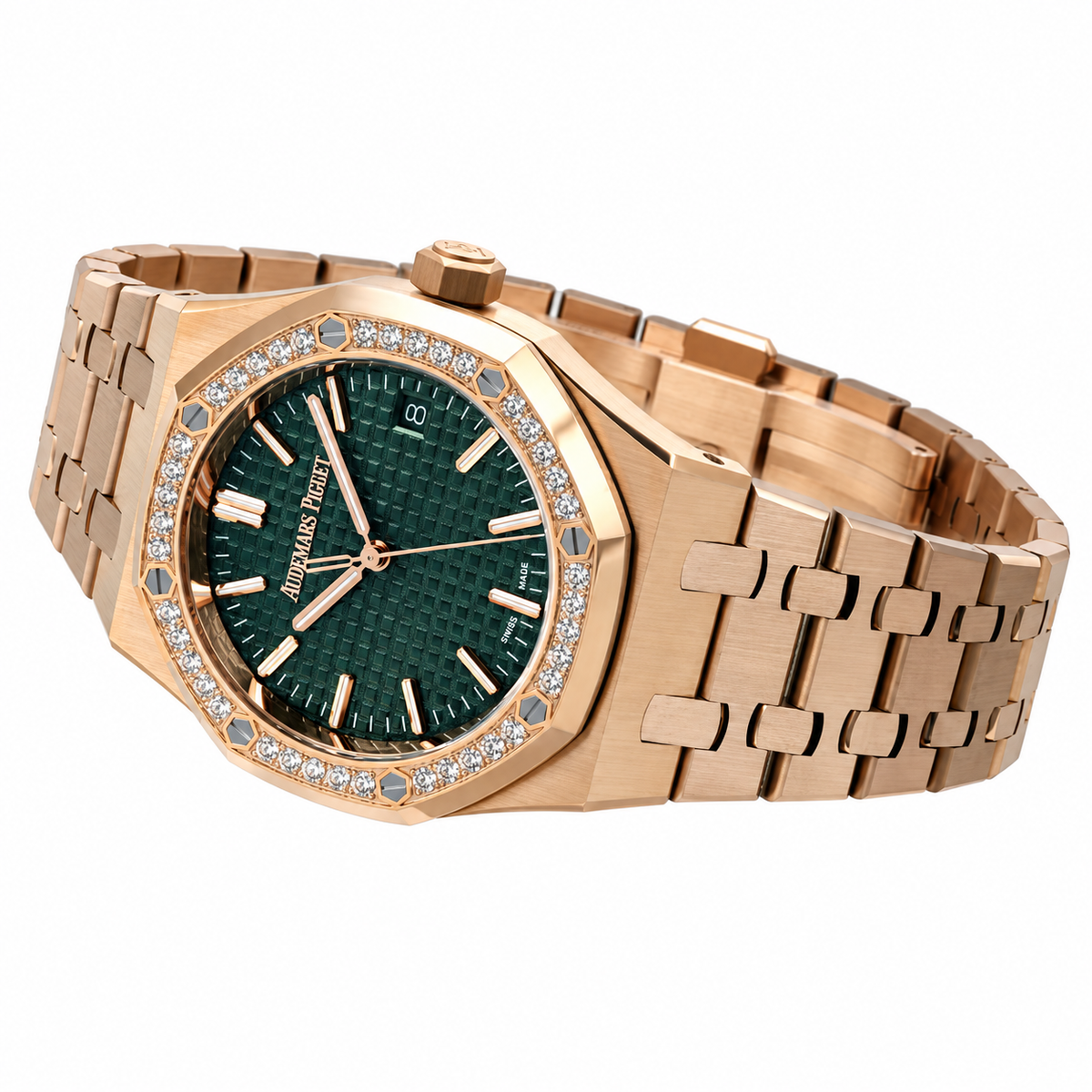 Audemars Piguet Royal Oak Rose Gold Diamond Bezel Green Tapisserie Date Watch