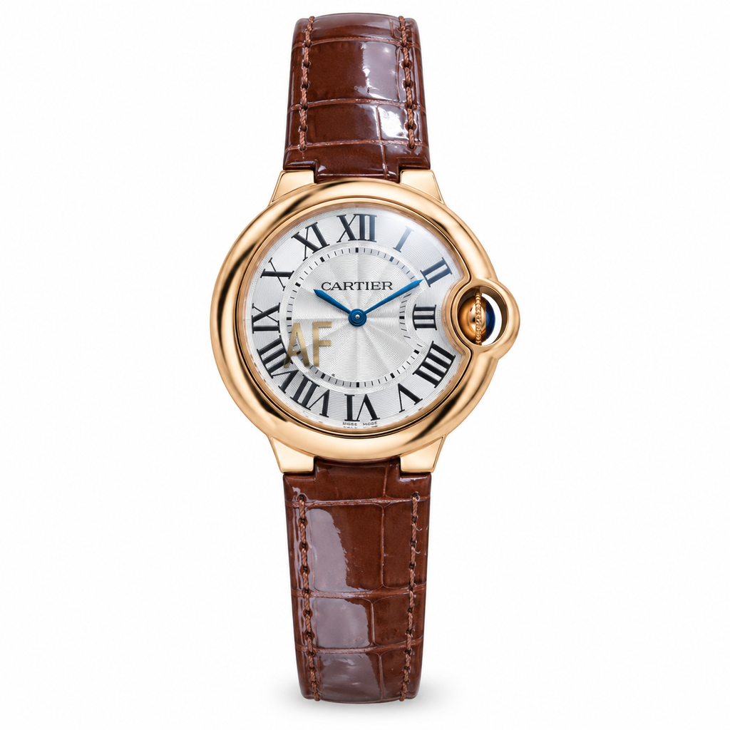 Cartier Ballon Bleu 33mm — 18K Rose Gold, Silver Dial, Roman Numerals & Brown Alligator Strap, Women