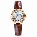 Cartier Ballon Bleu 33mm — 18K Rose Gold, Silver Dial, Roman Numerals & Brown Alligator Strap, Women