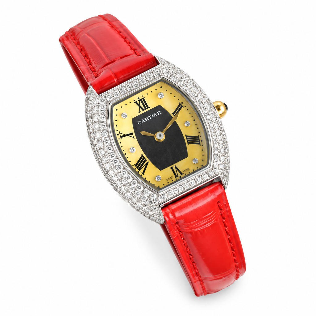 Cartier Tortue — Full Diamond White Gold, Two-Tone Dial & Red Alligator Strap