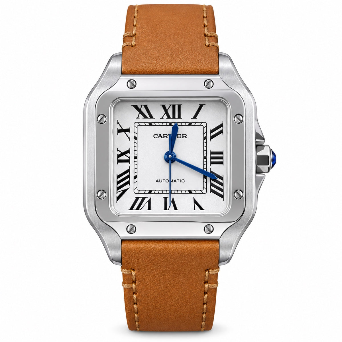 Cartier Santos de Cartier Large Stainless Steel White Dial Black Roman Numerals Blued-Steel Hands Automatic Tan Calfskin Leather Strap Watch
