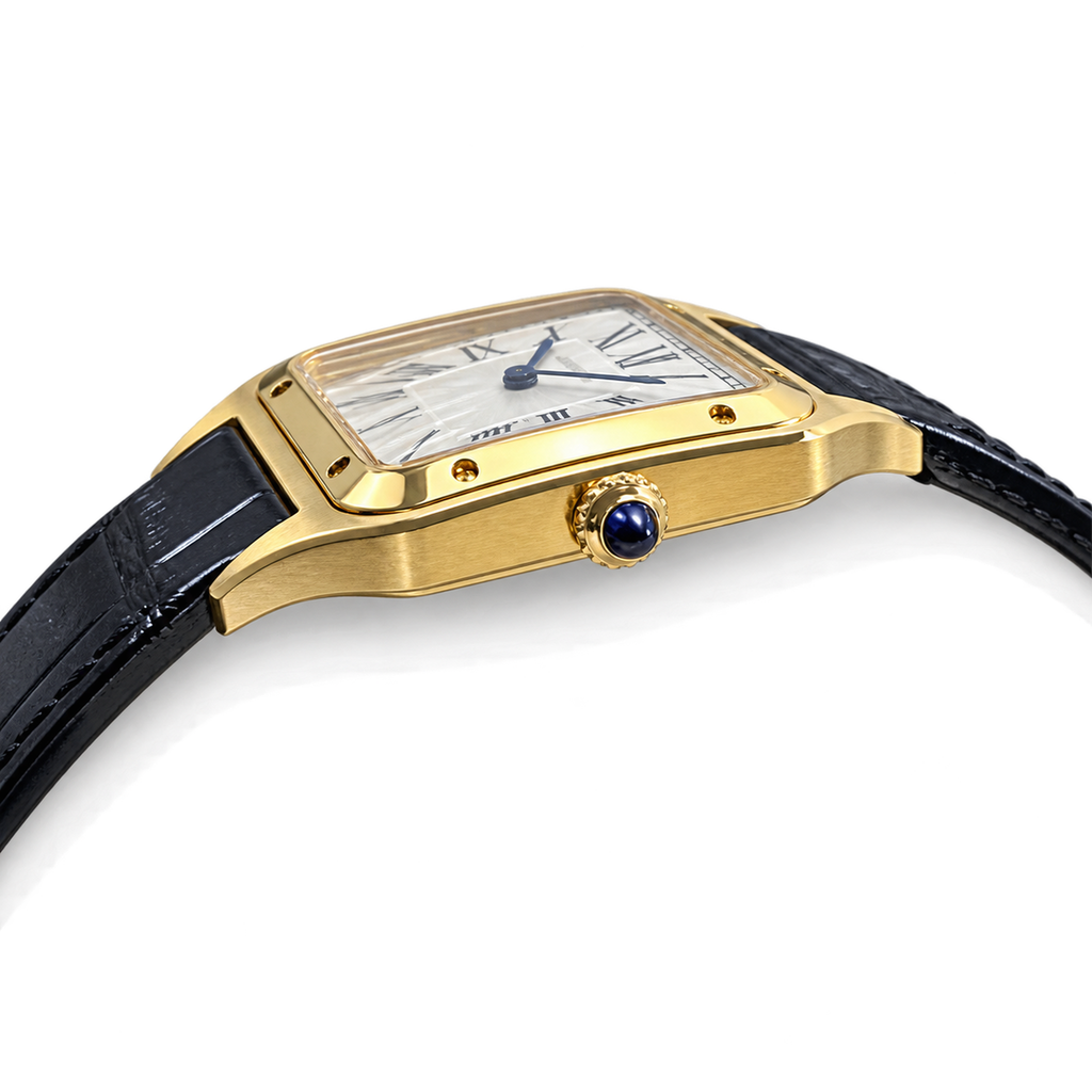 Cartier Santos-Dumont Large — 18K Yellow Gold, White Dial, Roman Numerals & Black Alligator Strap, Quartz