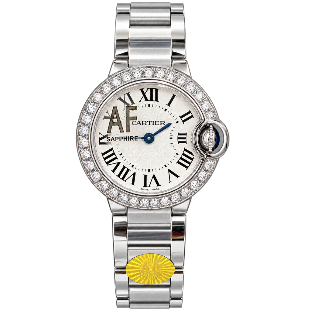 Cartier Ballon Bleu 28mm — Steel, Diamond Bezel, Silver Dial, Roman Numerals & Steel Bracelet, Women