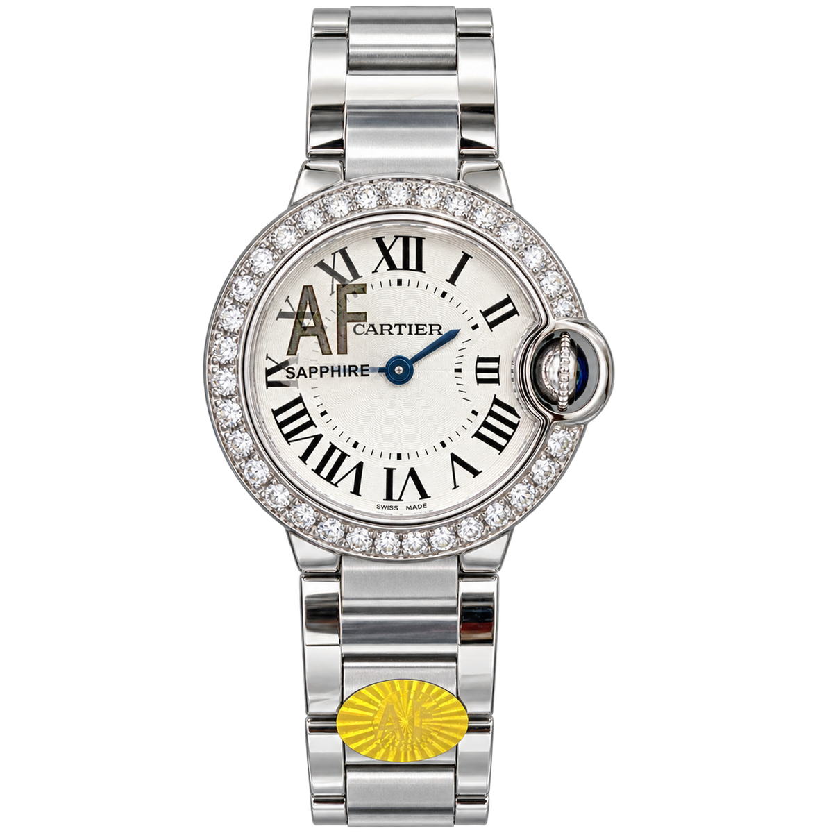 Cartier Ballon Bleu 28mm — Steel, Diamond Bezel, Silver Dial, Roman Numerals & Steel Bracelet, Women