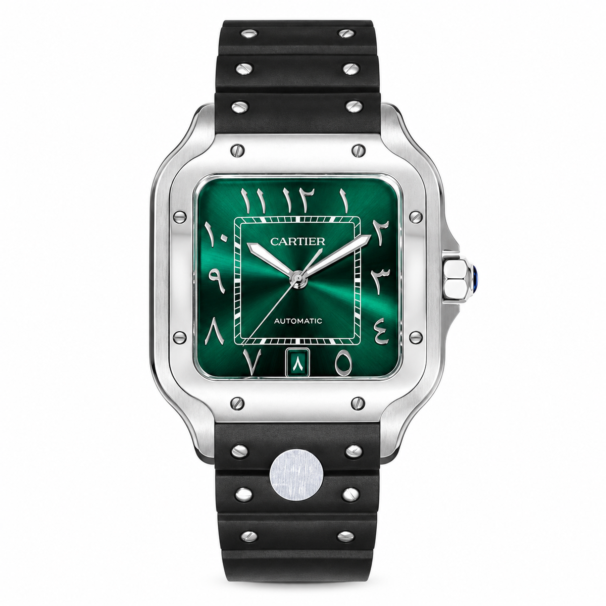 Cartier Santos de Cartier Automatic — Steel, Green Arabic Dial & Black Rubber Strap