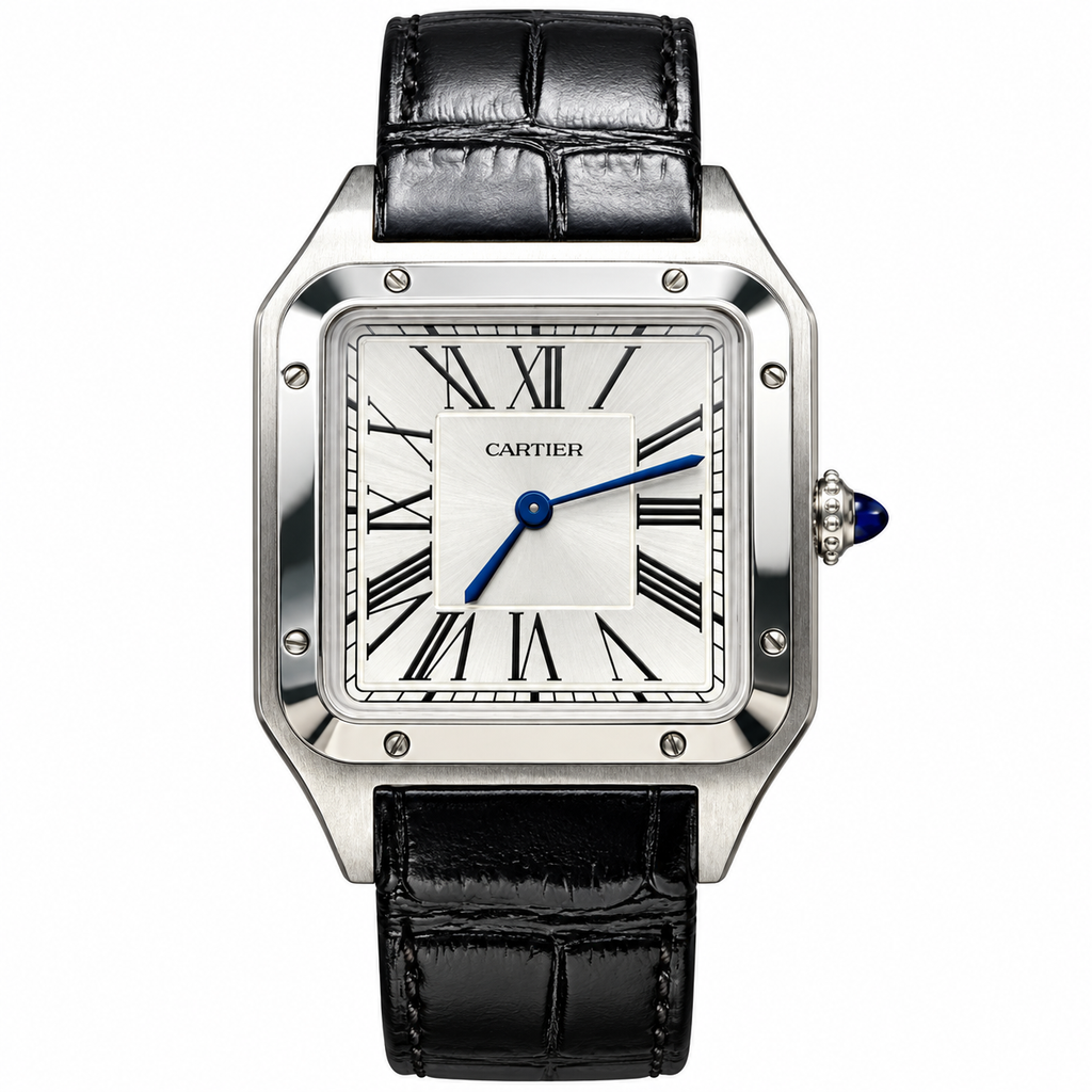 Cartier Santos-Dumont Stainless Steel White Dial Black Alligator Strap Watch