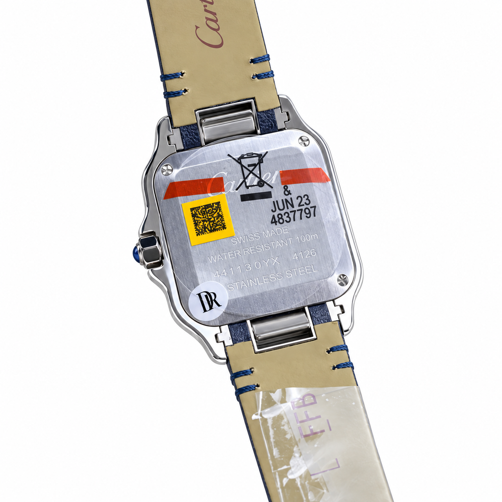 Cartier Santos Small Steel Yellow Gold Two-Tone Silver Dial Quartz Navy Strap Watch – KDY