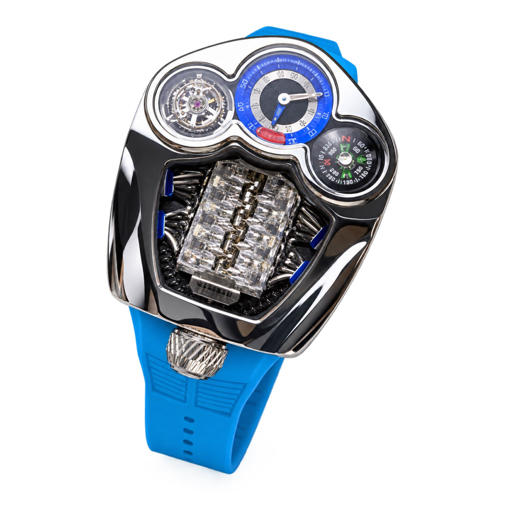 Jacob & Co. x Bugatti Chiron Tourbillon Dashboard Compass Engine Steel Blue Rubber Watch