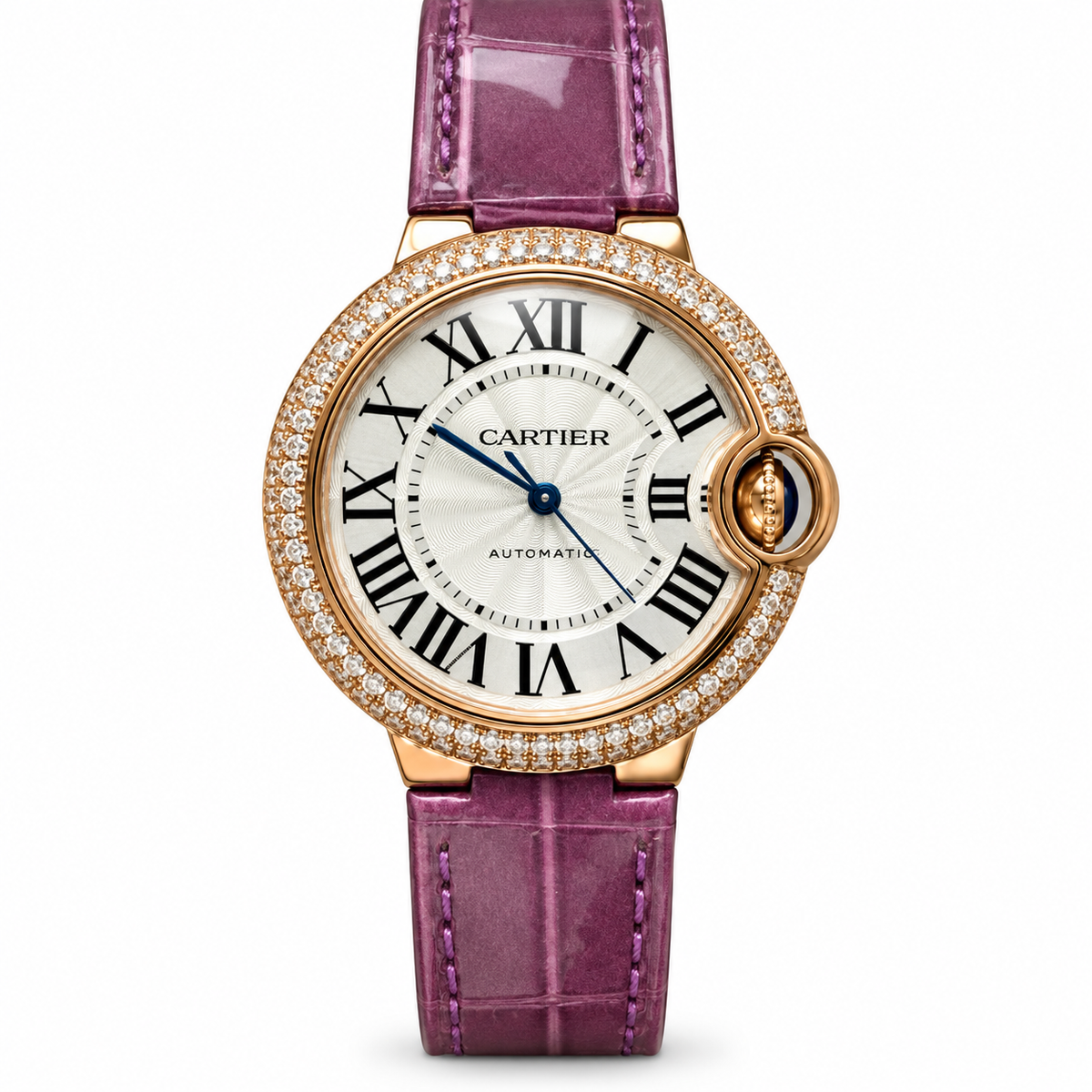Cartier Ballon Bleu 33mm — 18K Rose Gold, Diamond Bezel, Silver Dial & Purple Alligator Strap, Automatic