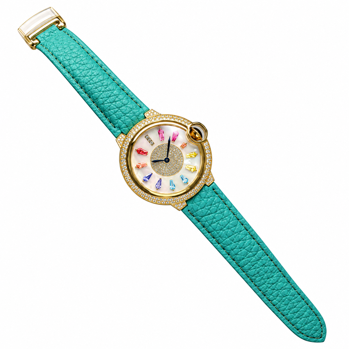 Cartier Ballon Bleu — 18K Yellow Gold, Diamond Bezel, Multicolour Gemstone Dial & Green Leather Strap