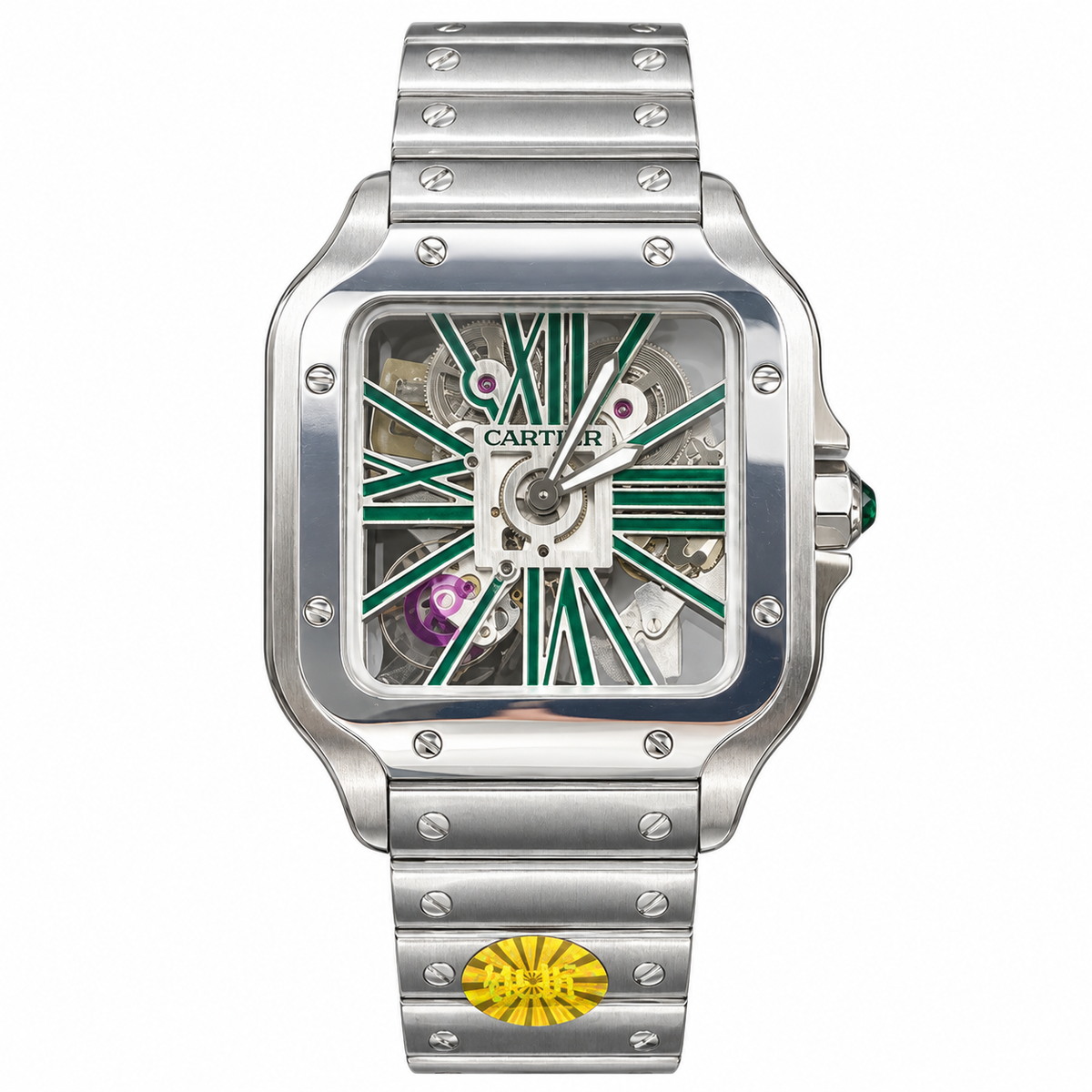 Cartier Santos de Cartier Large Stainless Steel Green Skeleton Open-Worked Dial Automatic Integrated Bracelet QuickSwitch Watch