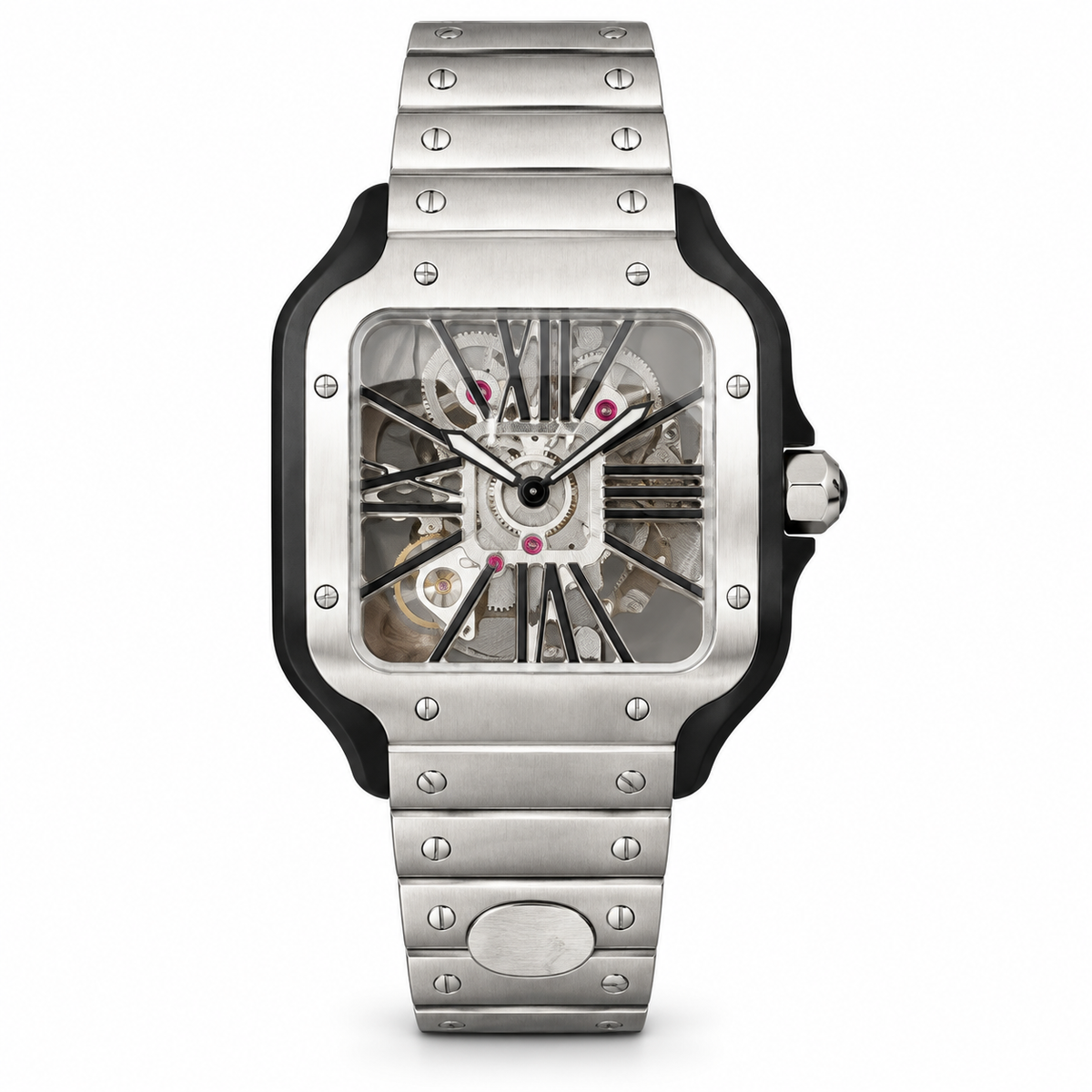 Cartier Santos Large Skeleton — Steel & ADLC, Skeleton Dial, Roman Numerals & Steel Bracelet, Automatic