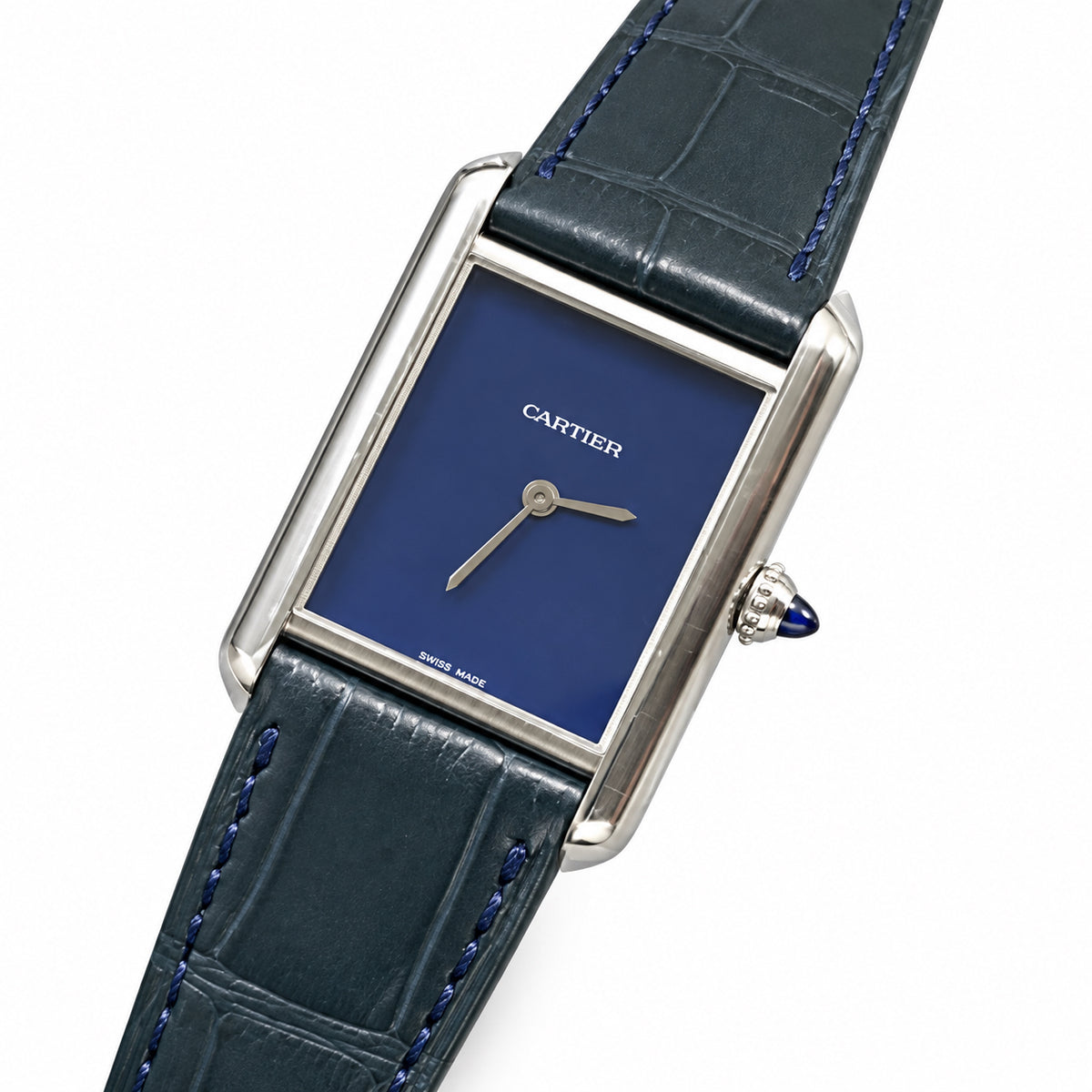 Cartier Tank Must Large — Steel, Navy Blue Dial, No Numerals & Blue Alligator Strap, Quartz