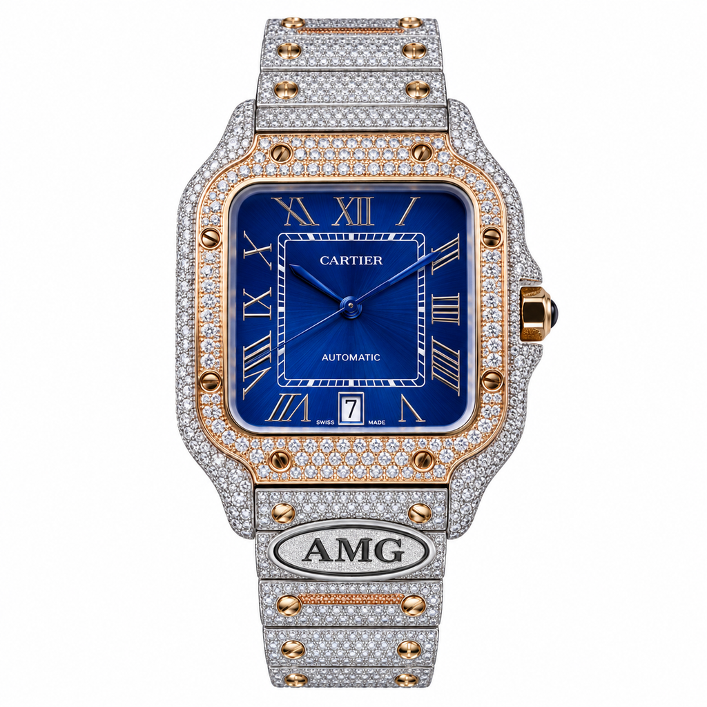 Cartier Santos Automatic — Iced Out Blue Dial, Rose Gold & Steel