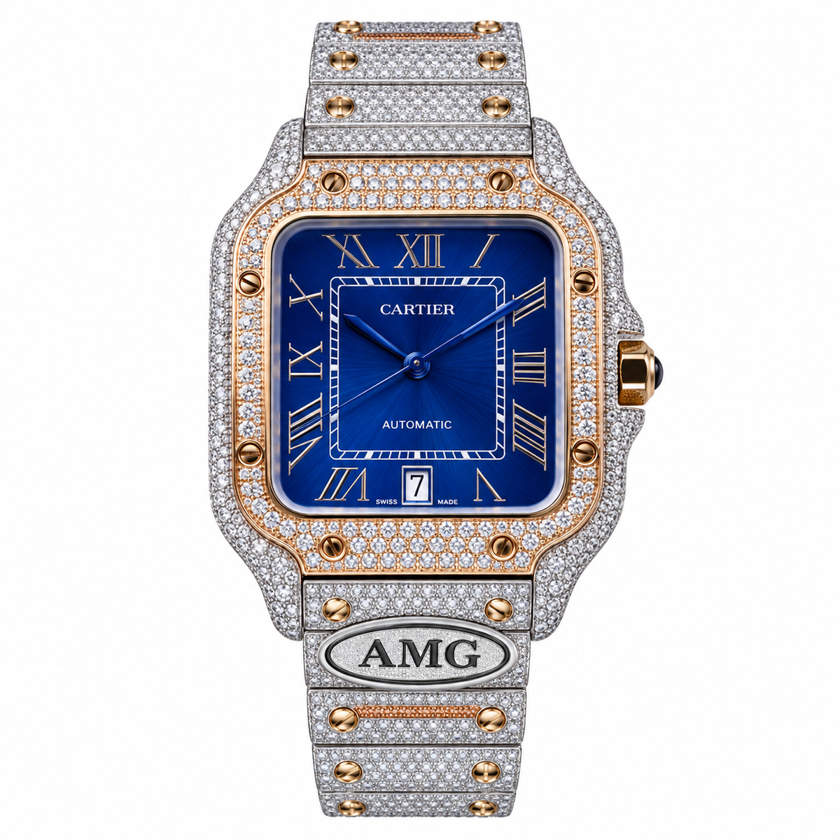 Cartier Santos Automatic — Iced Out Blue Dial, Rose Gold & Steel