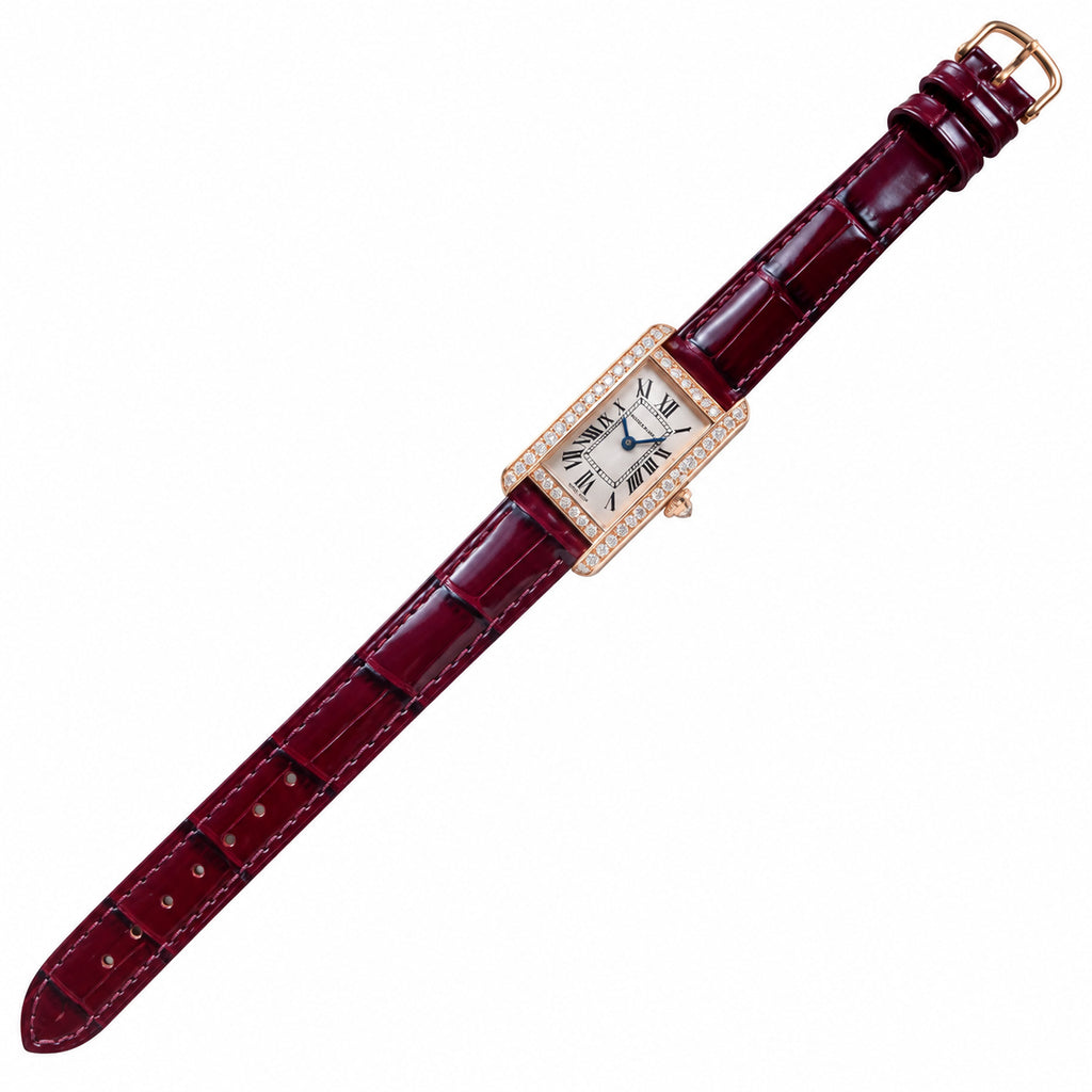 Cartier Tank Américaine Rose Gold Diamond Bezel Ladies Watch with Burgundy Leather Strap