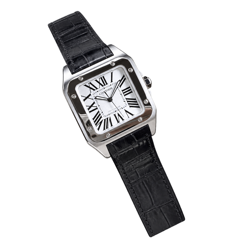 Cartier Santos 100 Large Automatic White Dial Black Alligator Leather Men's Luxury Watch Swiss Made