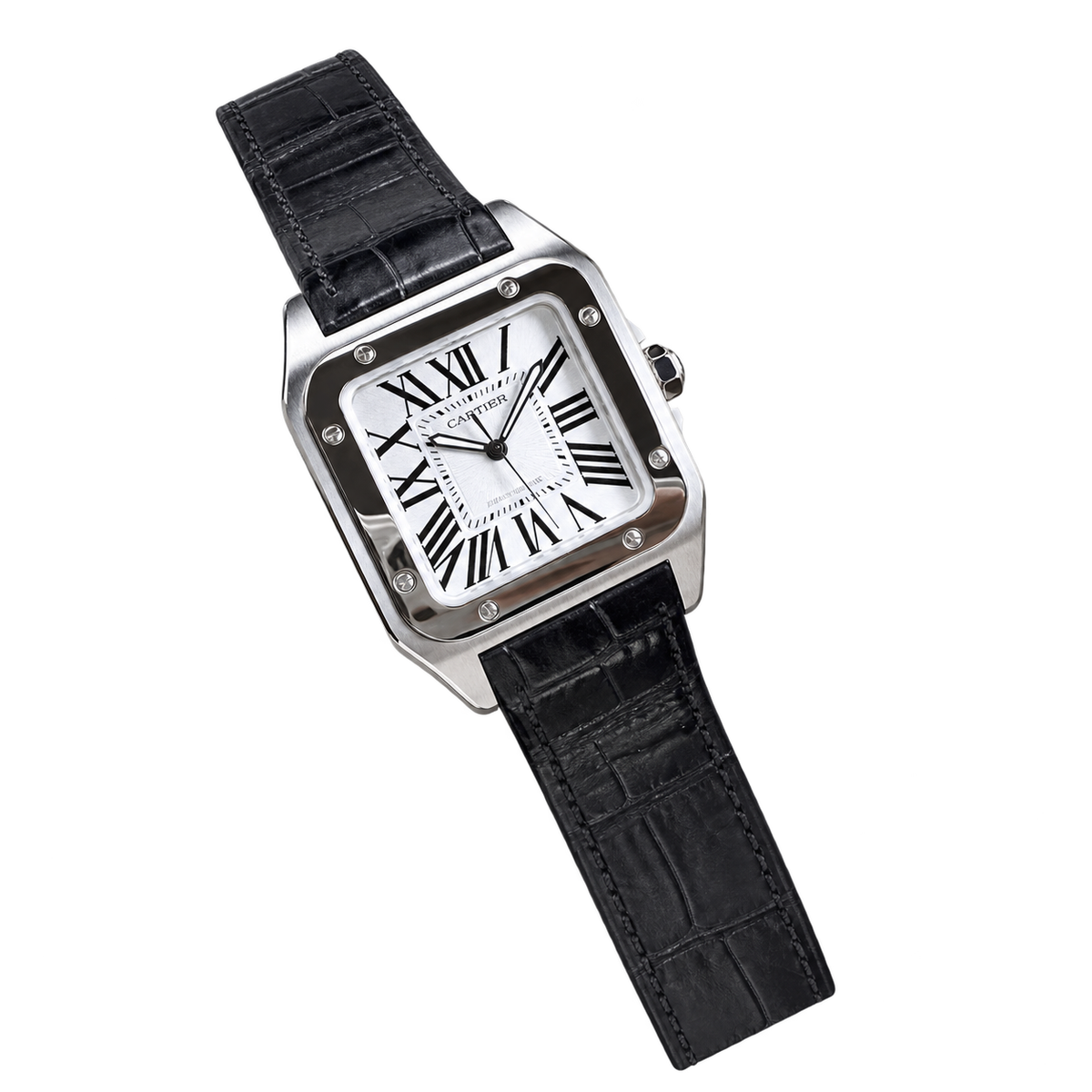 Cartier Santos 100 Large Automatic White Dial Black Alligator Leather Men's Luxury Watch Swiss Made