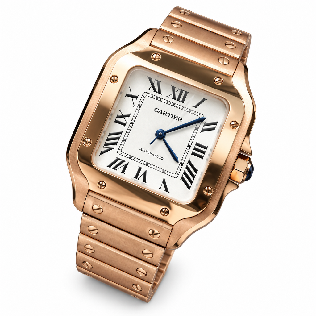 Cartier Santos Large — 18K Rose Gold, White Dial, Roman Numerals & Rose Gold Bracelet, Automatic