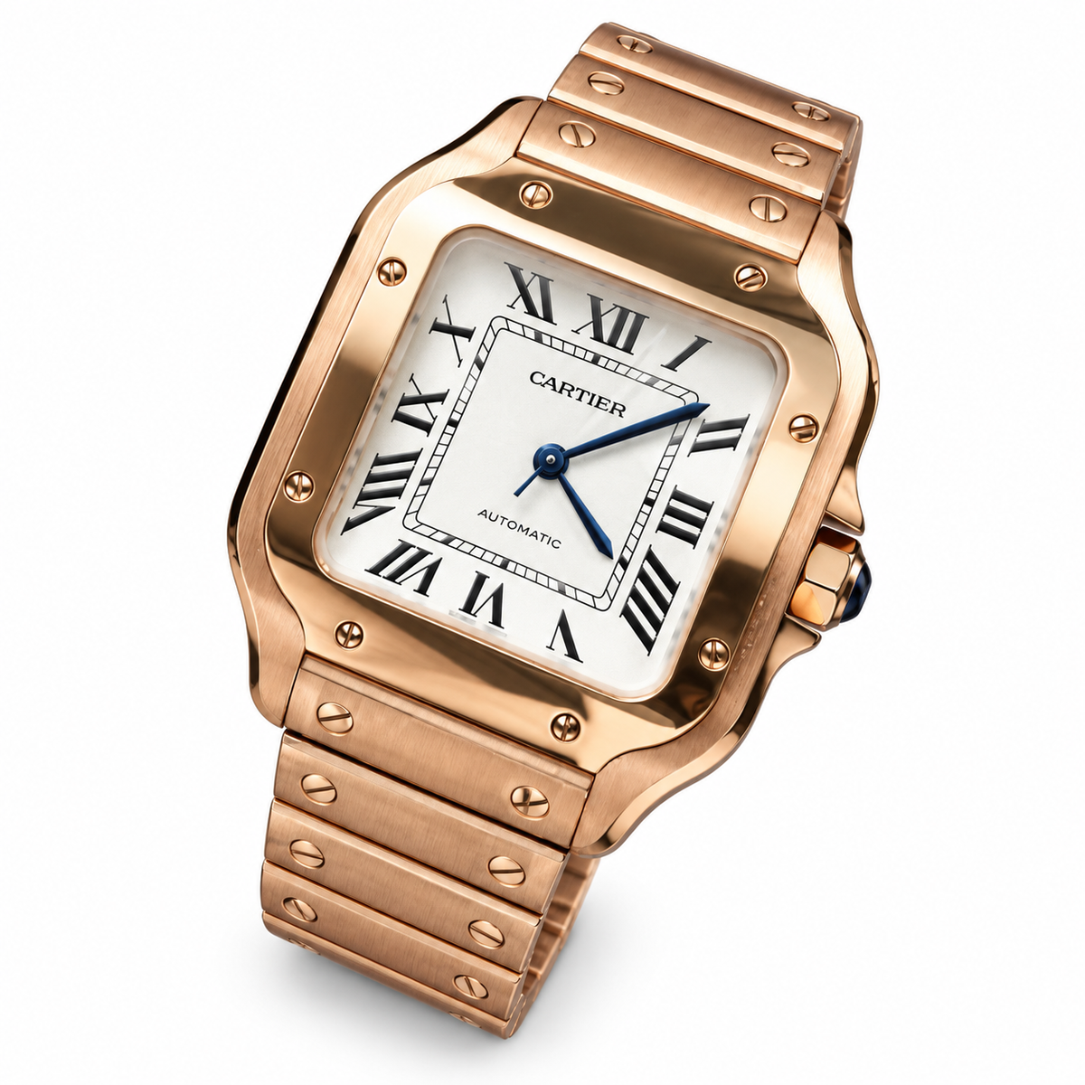 Cartier Santos Large — 18K Rose Gold, White Dial, Roman Numerals & Rose Gold Bracelet, Automatic