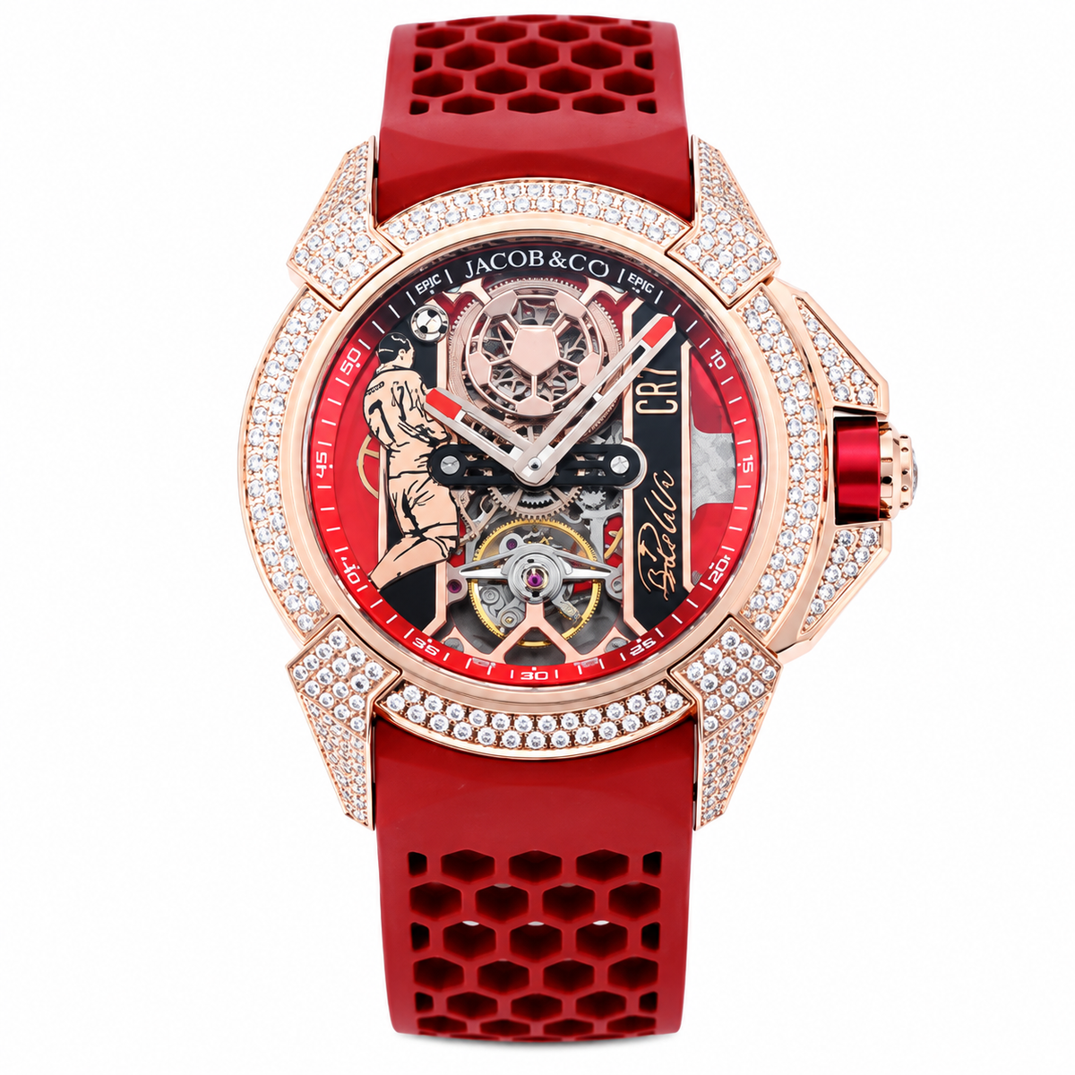 Jacob & Co. Epic X CR7 18K Rose Gold Full Diamond Flying Tourbillon Skeleton Red Honeycomb Rubber Watch