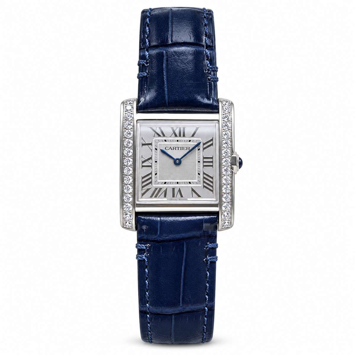 Cartier Tank Louis Small White Gold Diamond Lugs Silver Dial Navy Strap Watch – KDY