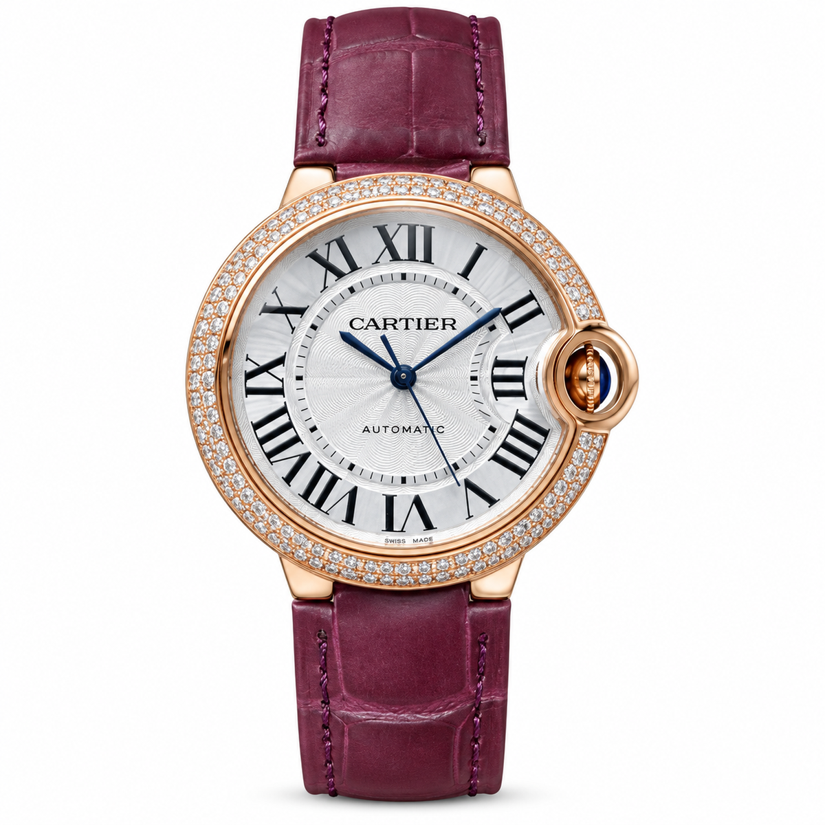 Cartier Ballon Bleu Large 18K Rose Gold Double Diamond Bezel Silver Guilloché Dial Automatic Burgundy Alligator Strap Watch