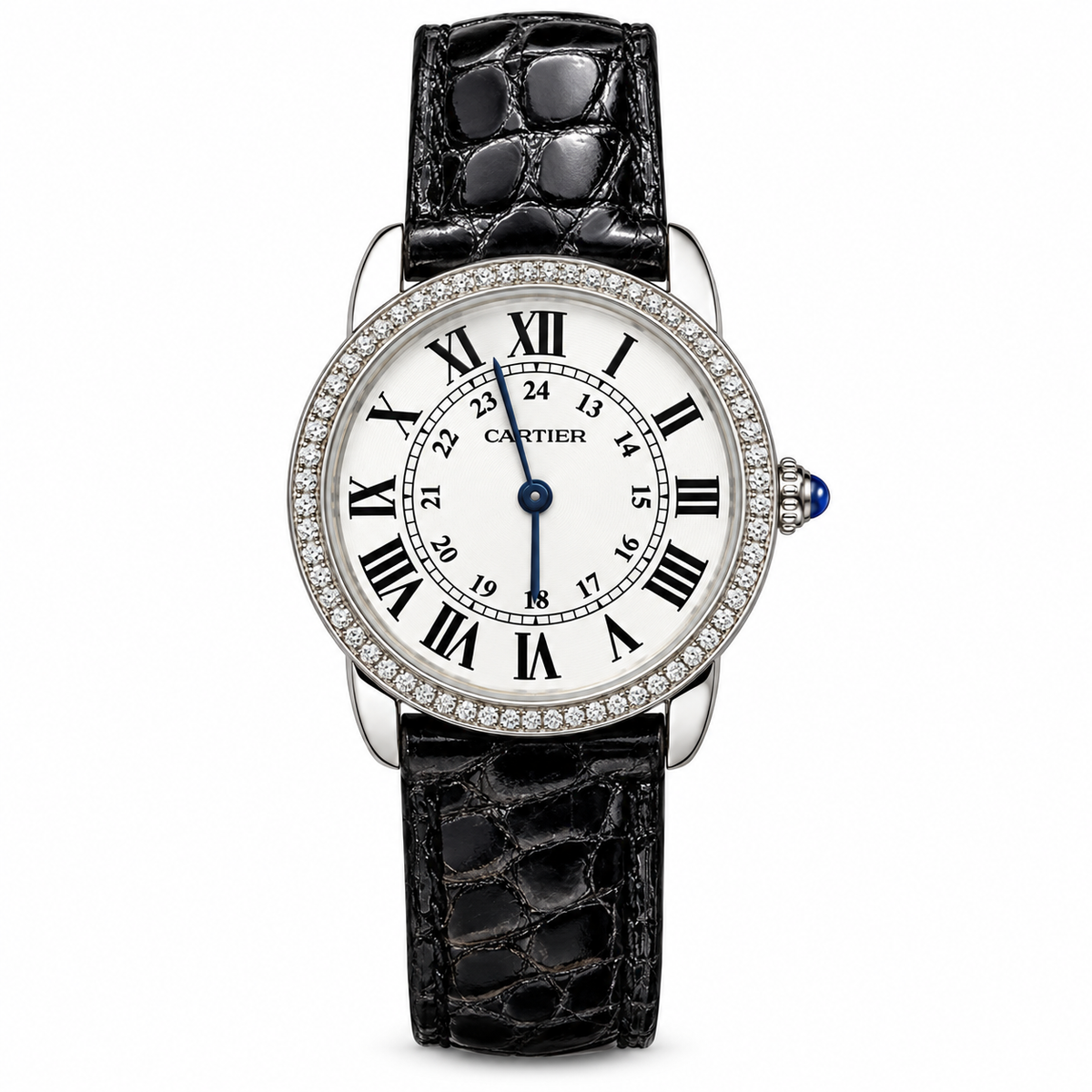 Cartier Ronde Louis Cartier — 18K White Gold, Diamond Bezel, White Dial & Black Alligator Strap, Women
