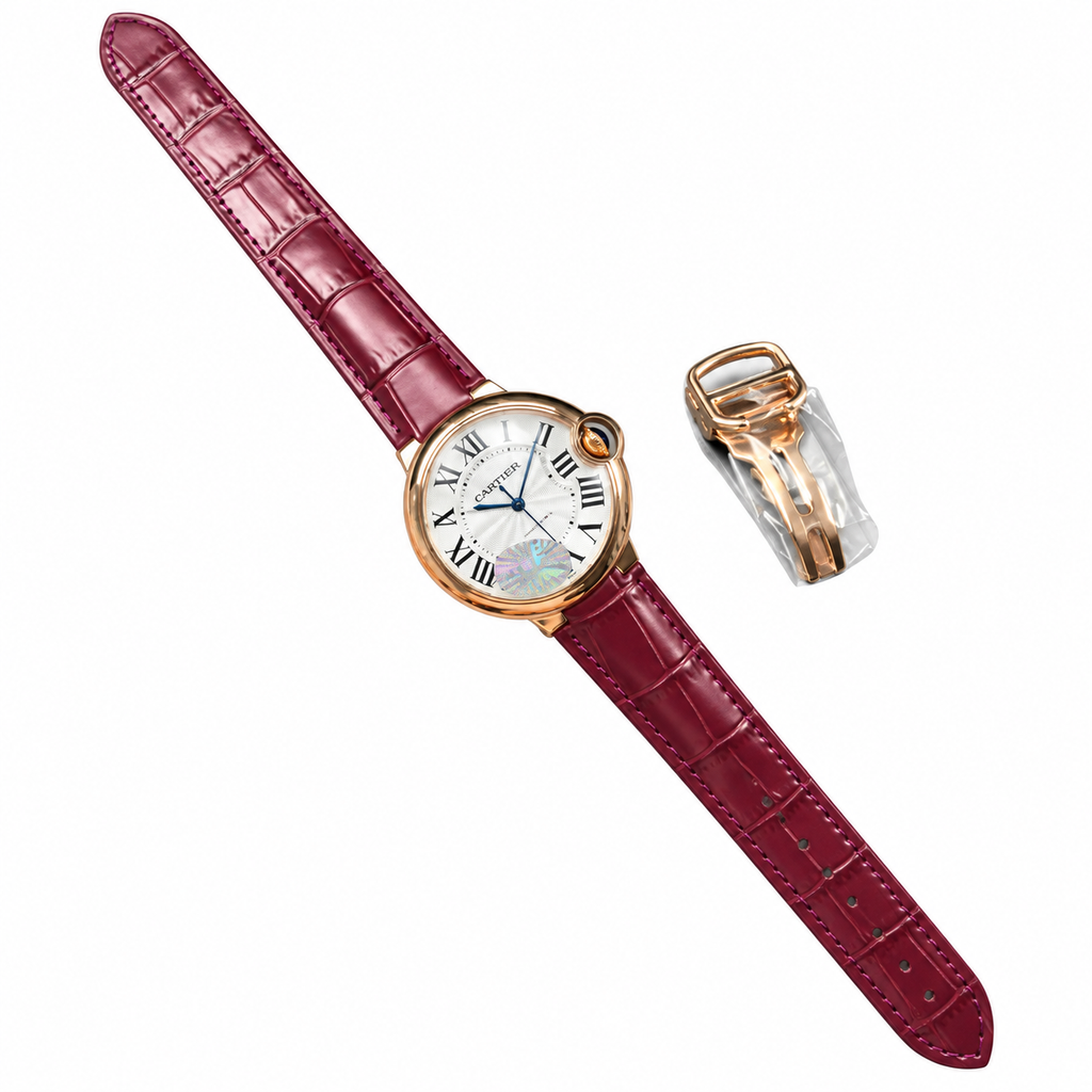 Cartier Ballon Bleu de Cartier 36mm — 18K Rose Gold, Silver Guilloché Dial, Roman Numerals & Burgundy Alligator Strap, Automatic