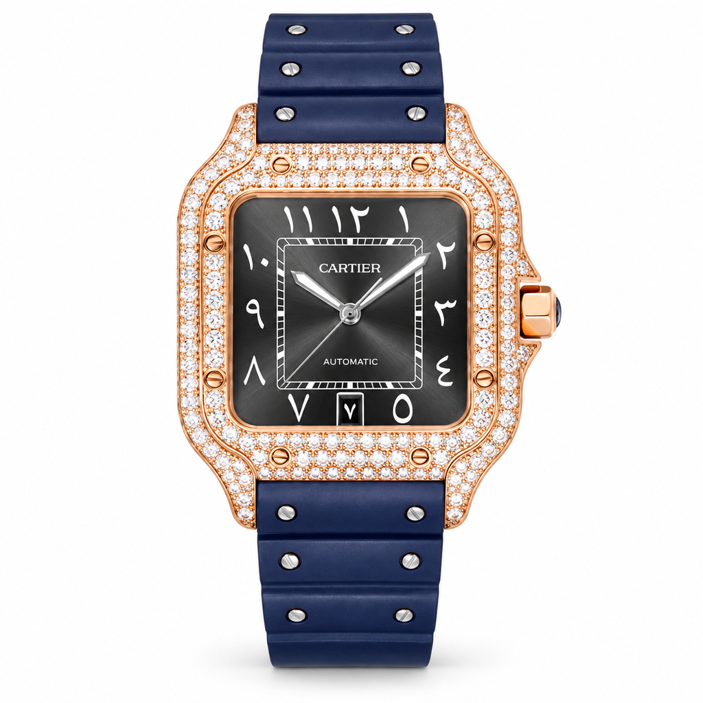 Cartier Santos de Cartier Automatic — 18K Rose Gold, Full Diamond Bezel, Grey Arabic Dial & Navy Rubber Strap, Large