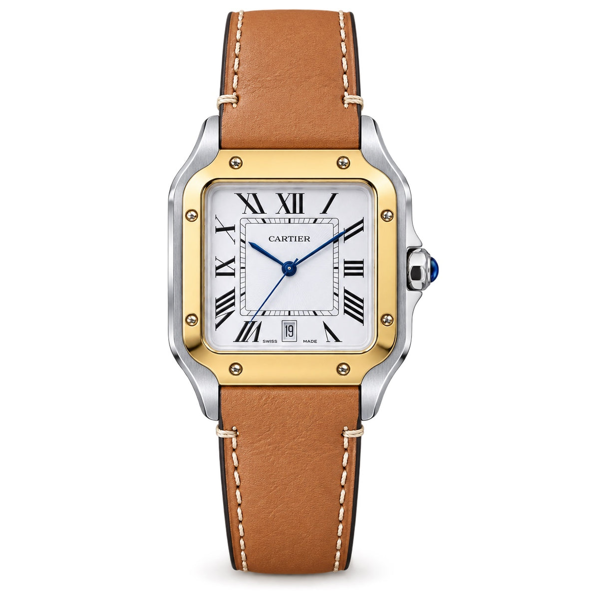 Cartier Santos de Cartier — Two-Tone Yellow Gold & Steel, White Dial & Tan Leather Strap