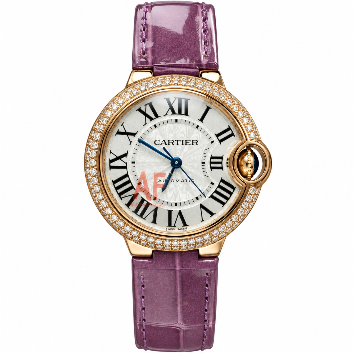 Cartier Ballon Bleu de Cartier 36mm — 18K Rose Gold, Double Diamond Bezel, Silver Guilloché Dial & Purple Alligator Strap, Automatic