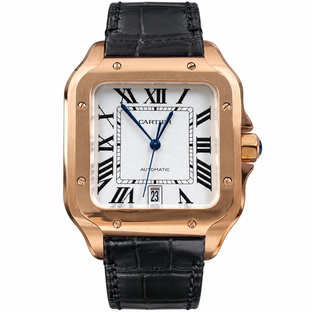 Cartier Santos de Cartier Large 18K Rose Gold Silver-White Opaline Dial Black Roman Numerals Blued-Steel Hands Date Automatic Black Alligator Strap Watch