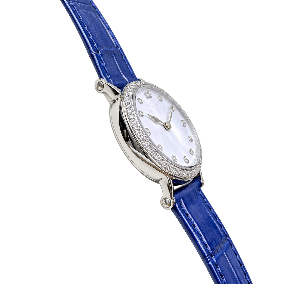 Patek Philippe Calatrava Ref. 7200G — 18K White Gold, Diamond Bezel, White MOP Dial & Blue Alligator Strap, Women