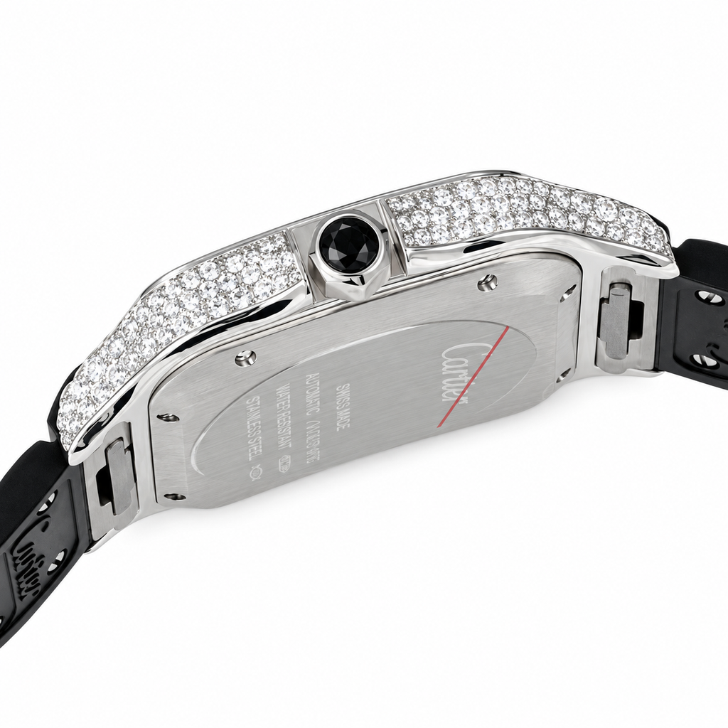 Cartier Santos de Cartier Automatic — Full Diamond Bezel, Date & Black Rubber Strap