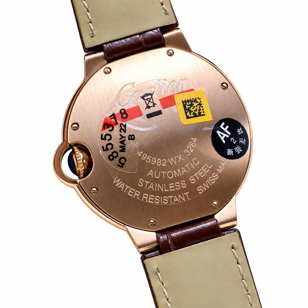 Cartier Ballon Bleu 36mm — 18K Rose Gold, Silver Dial, Roman Numerals & Brown Alligator Strap, Automatic