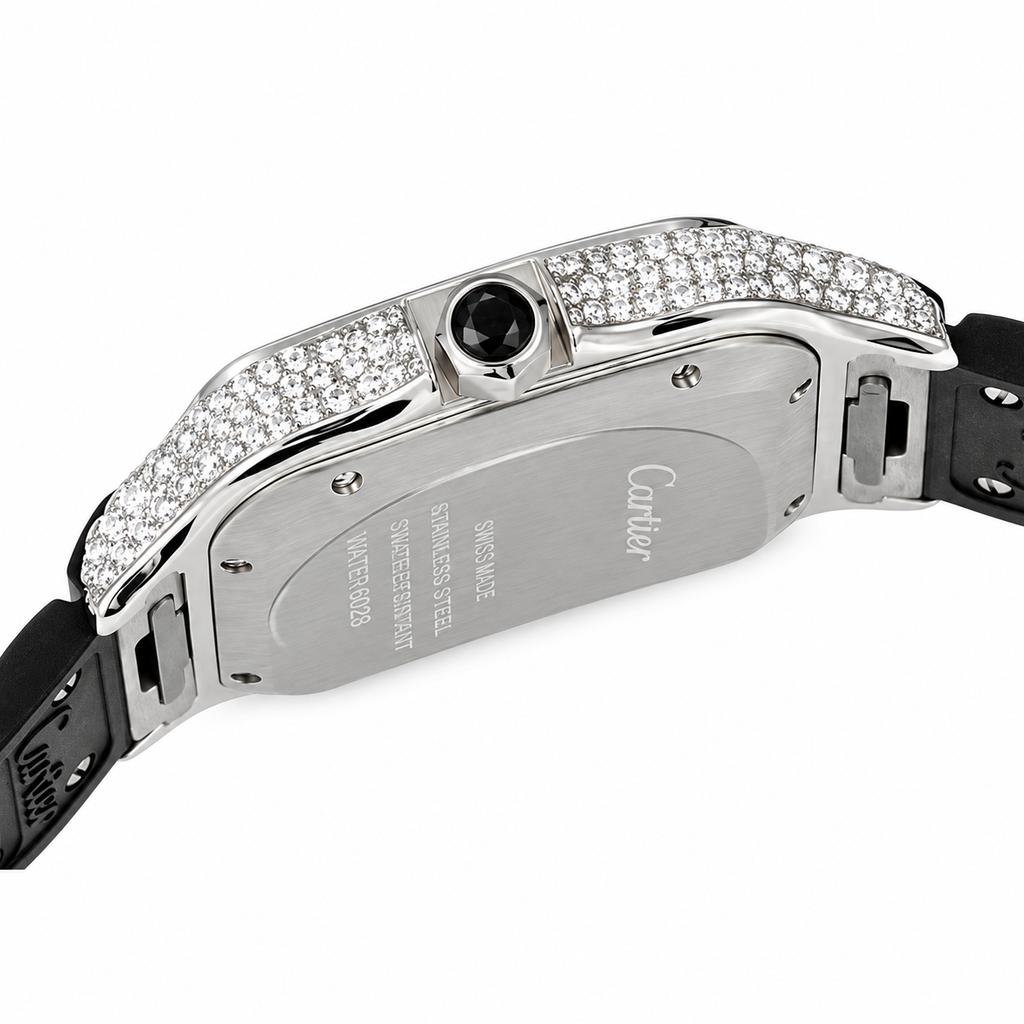 Cartier Santos de Cartier Large — Steel, Diamond Bezel, Black Dial, Roman Numerals, Date & Black Rubber Strap, Automatic