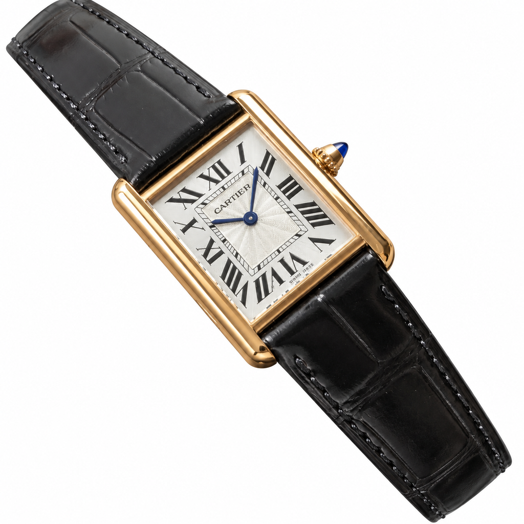 Cartier Tank Must — 18K Yellow Gold, Silver Dial, Roman Numerals & Black Alligator Strap, Women