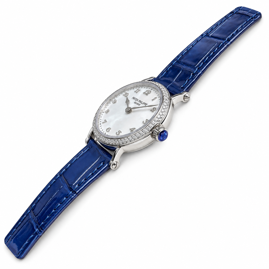 Patek Philippe Calatrava — 18K White Gold, Diamond Bezel & Blue Alligator Strap