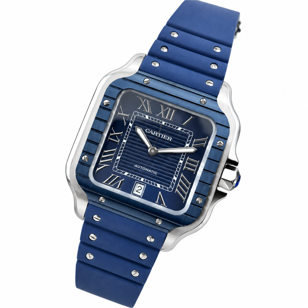 Cartier Santos de Cartier Automatic — Steel & Blue ADLC, Blue Dial & Rubber Strap