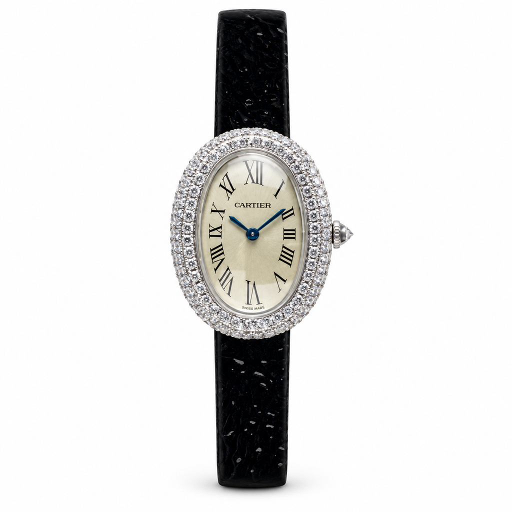 Cartier Baignoire Mini — 18K White Gold, Diamond Bezel, White Dial & Black Glitter Strap, Women