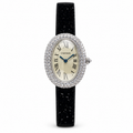 Cartier Baignoire Mini — 18K White Gold, Diamond Bezel, White Dial & Black Glitter Strap, Women