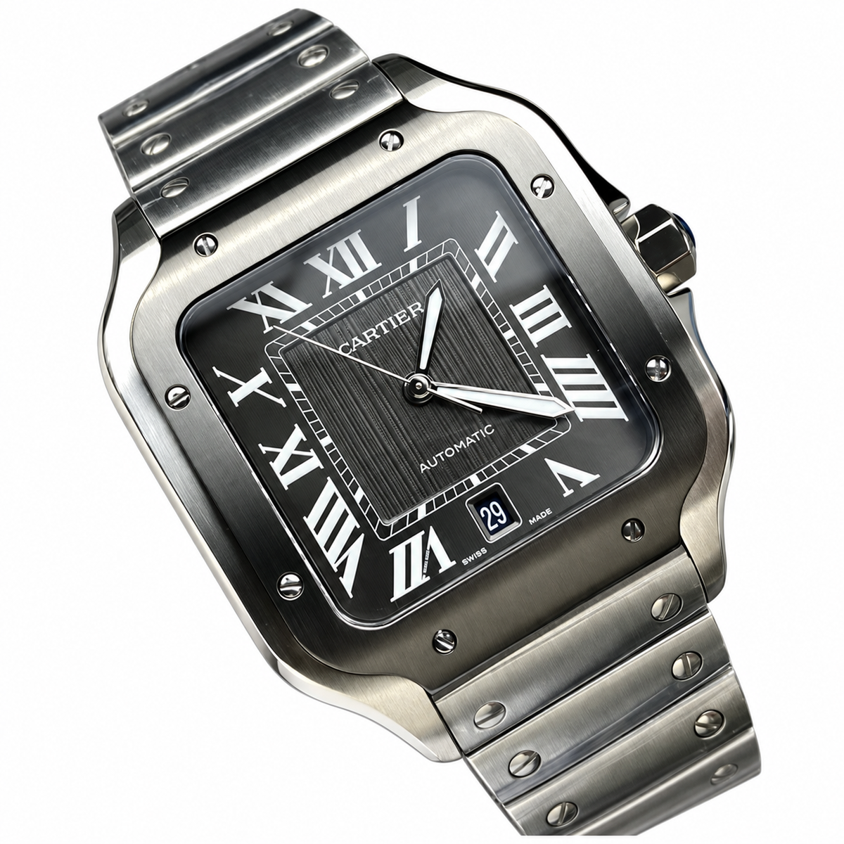 Cartier Santos Large — Steel, Black Dial, Roman Numerals, Date & Steel Bracelet, Automatic