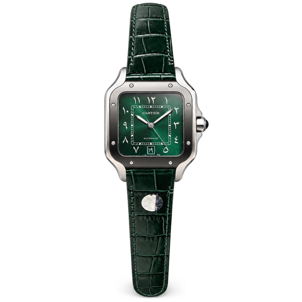 Cartier Santos Large — Steel, Green Dial, Arabic Calligraphy, Date & Green Alligator Strap, Automatic