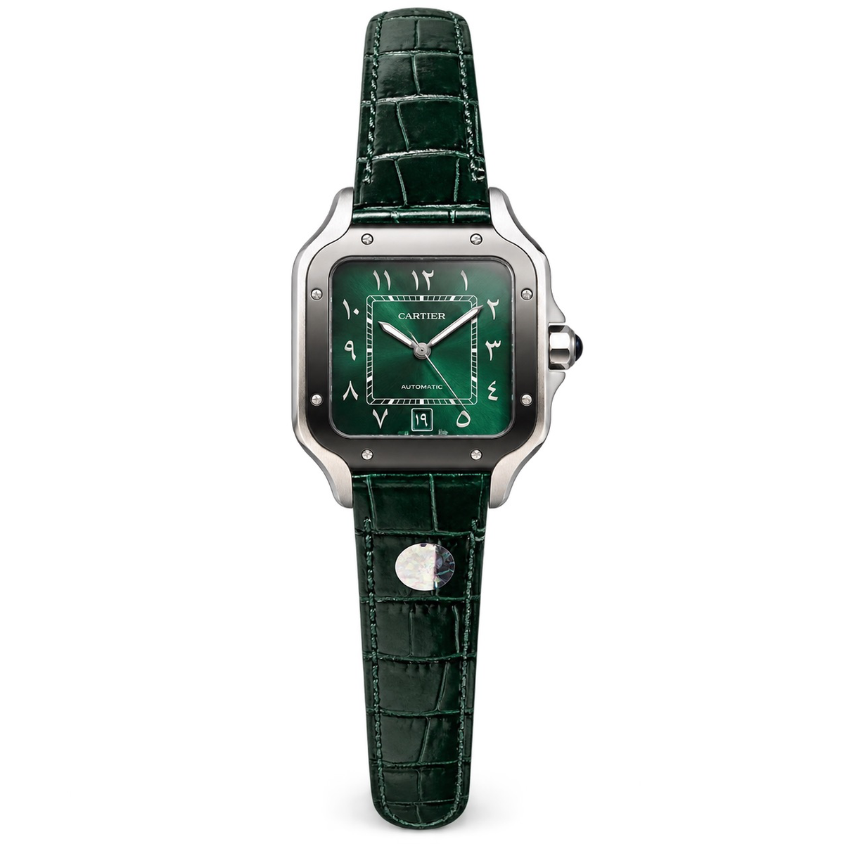 Cartier Santos Large — Steel, Green Dial, Arabic Calligraphy, Date & Green Alligator Strap, Automatic