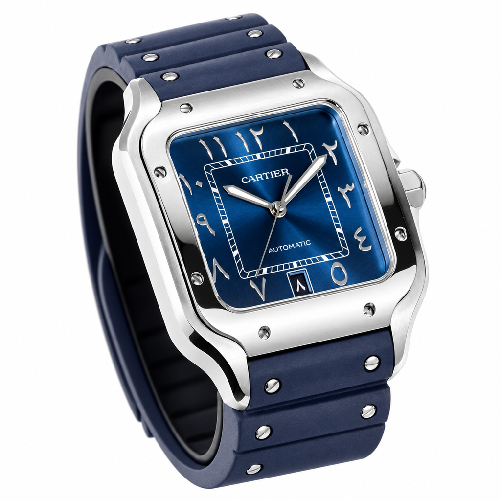 Cartier Santos Large — Steel, Black Dial, Arabic Numerals, Date & Navy Rubber Strap, Automatic