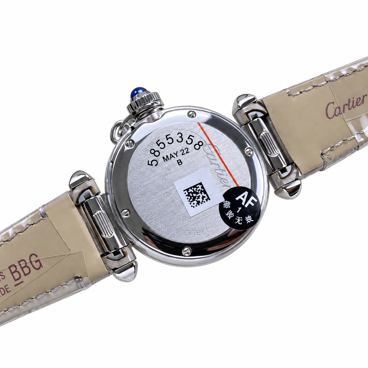 Cartier Pasha de Cartier 35mm — Steel, Silver Dial, Arabic Numerals & Grey Leather Strap, Women