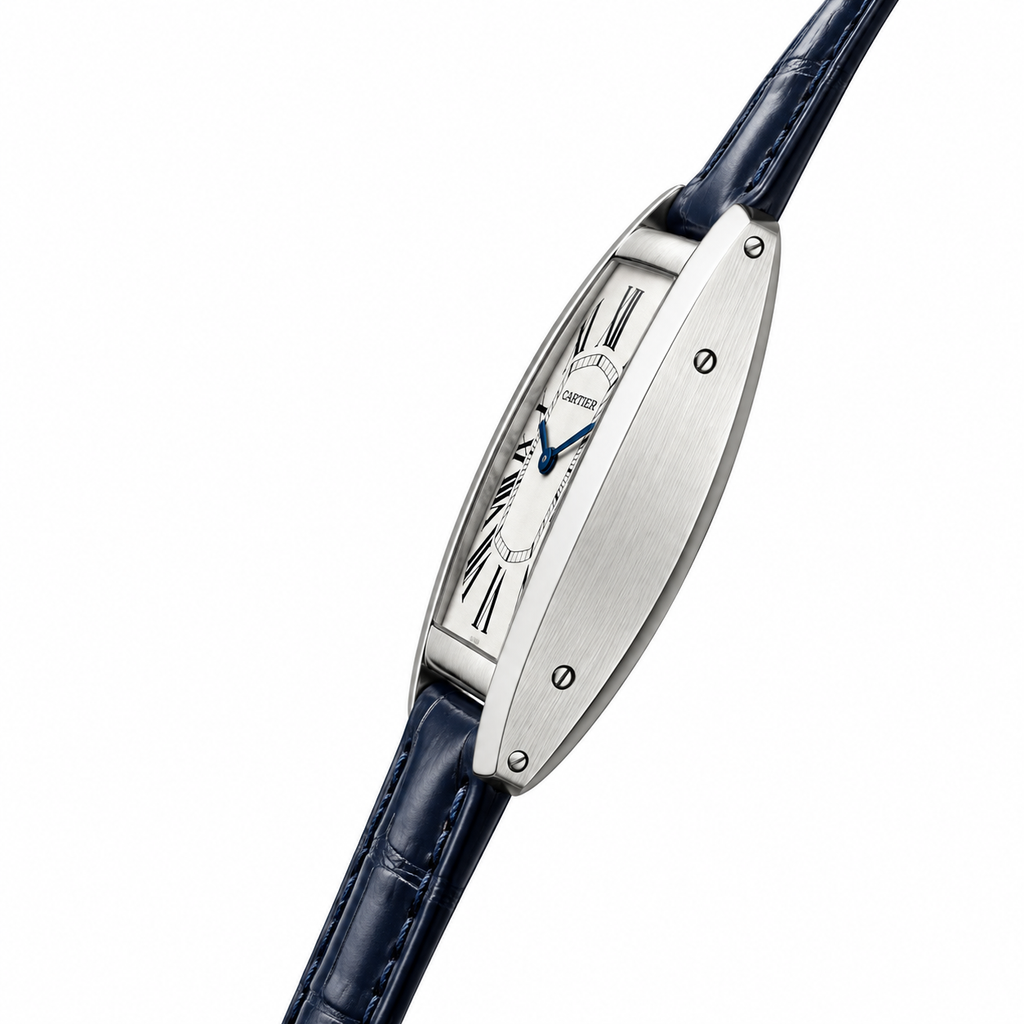 Cartier Tank Américaine Large — 18K White Gold, Silver Dial, Roman Numerals & Navy Alligator Strap, Automatic